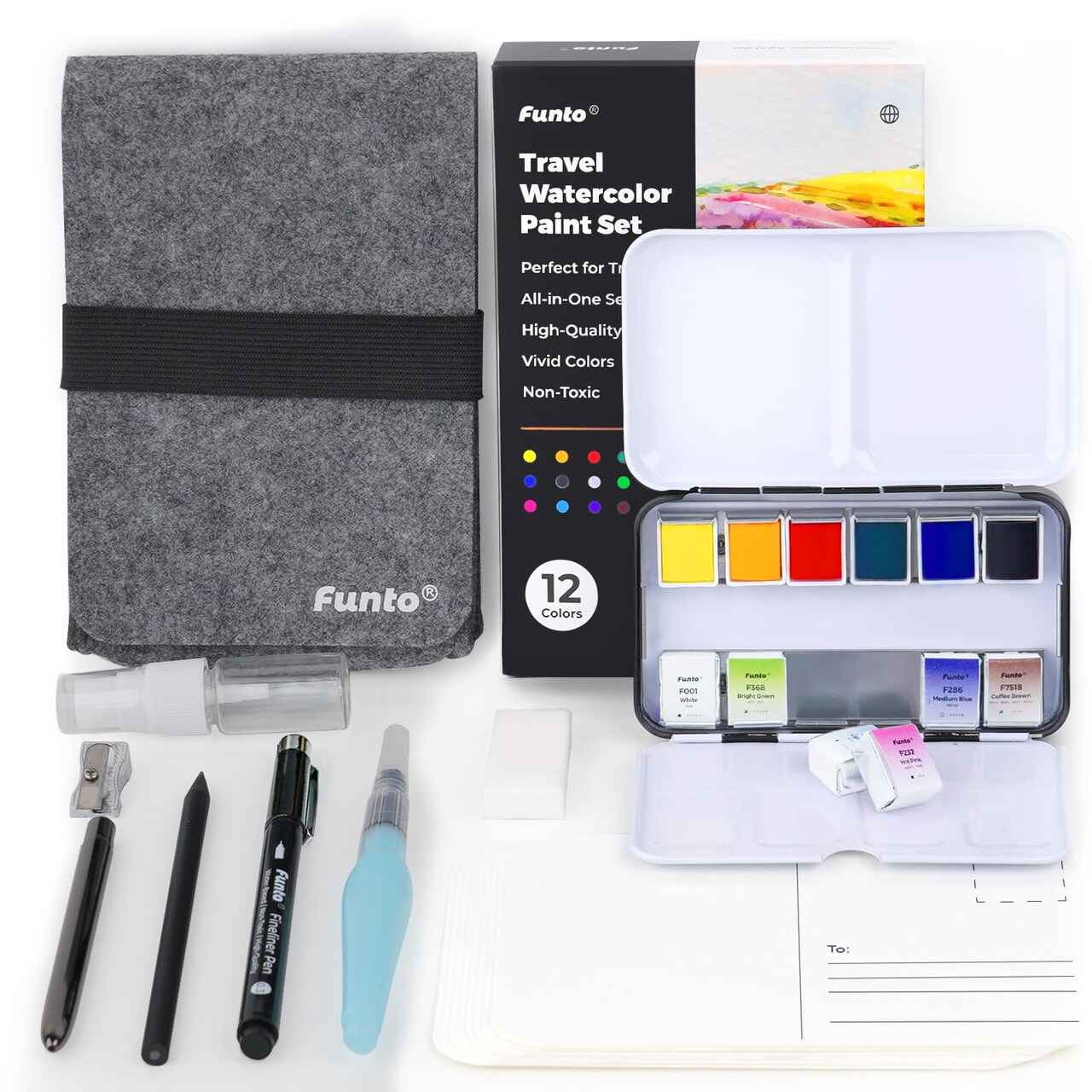 Travel Watercolor Set, 12-Color Paint, 10 Premium Postcards, Brush, Brush Pen, Fineliner, Pencil, Painting Set for Adults, Beginner, and Artists